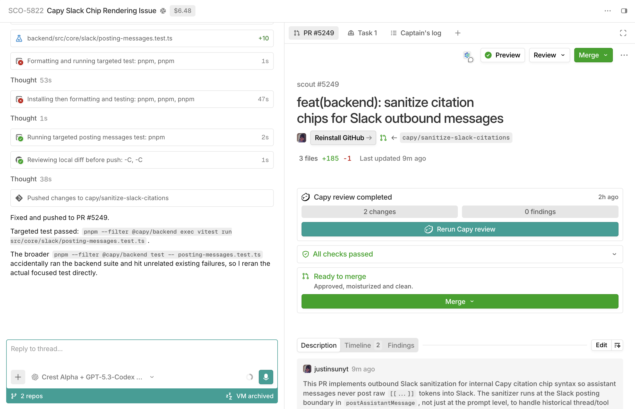 Captain chat interface showing task orchestration