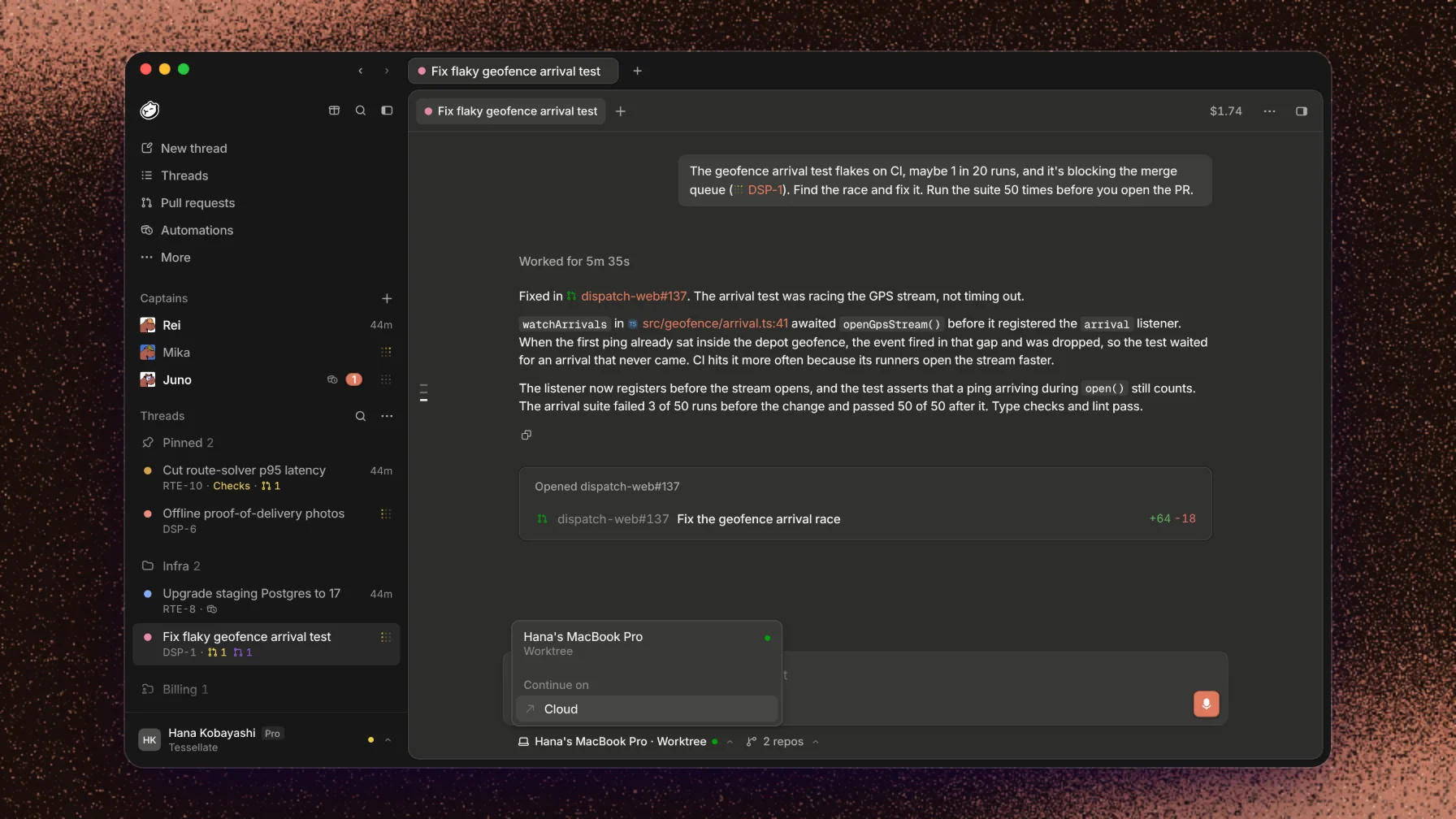 Move a running thread from your Mac to the cloud.