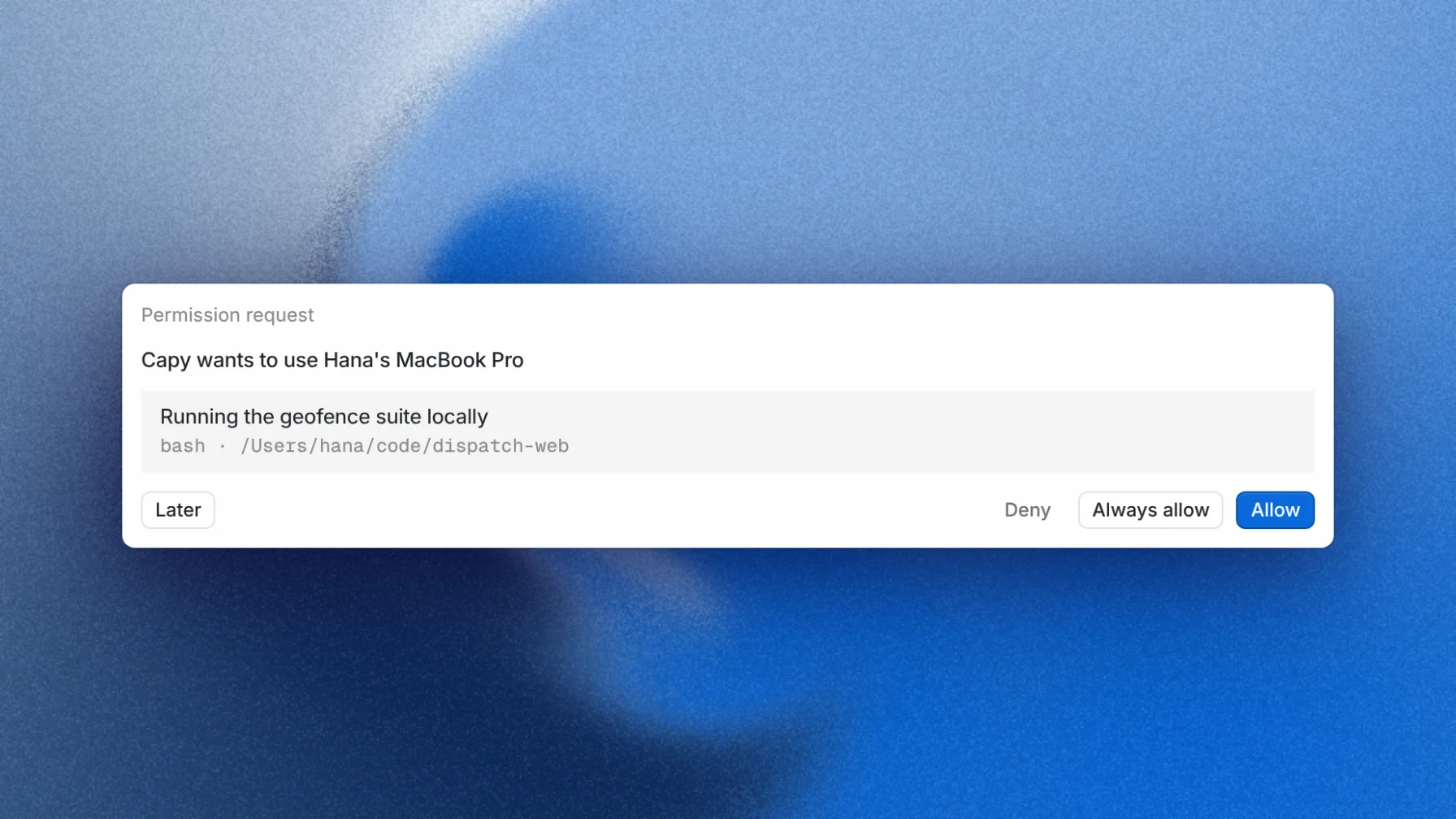 A cloud thread asks before it runs anything on your laptop.