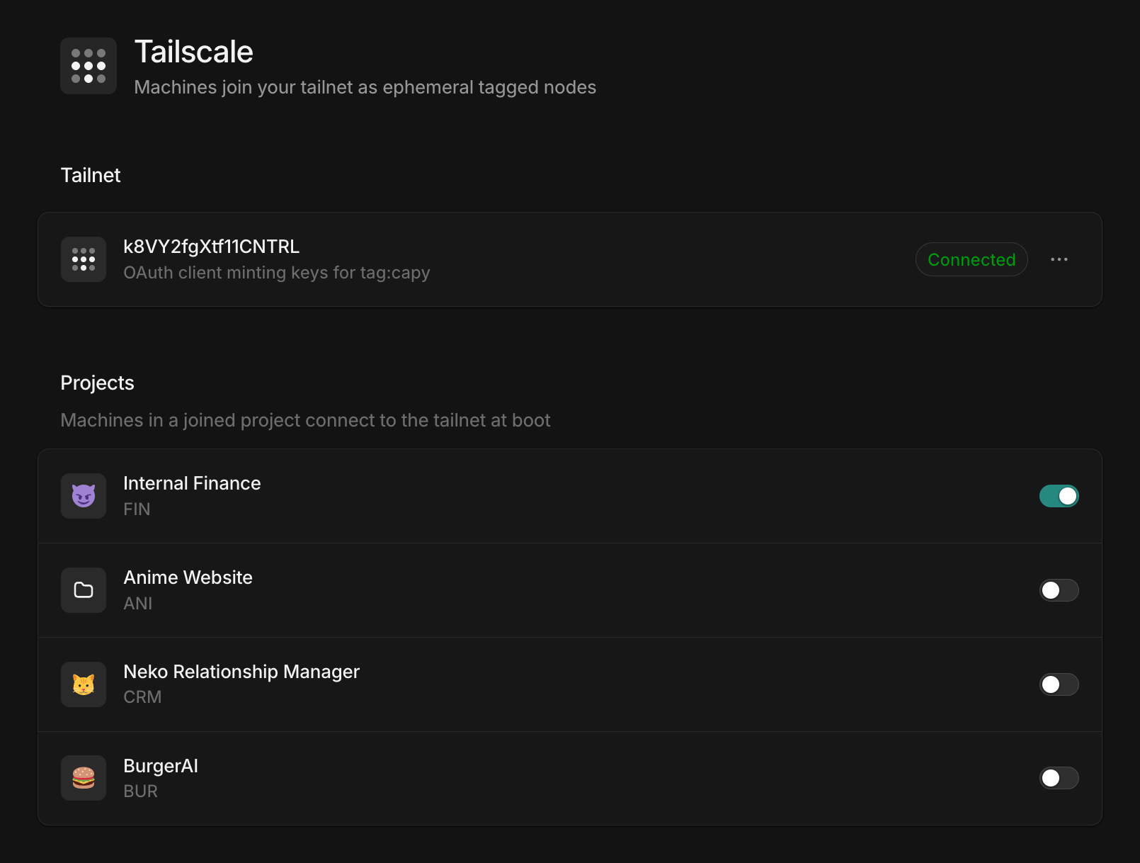 Capy's Tailscale settings page showing a connected OAuth client and a list of projects with one toggled on