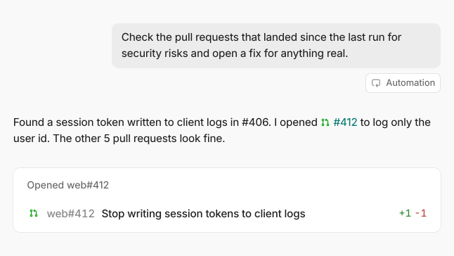 A scheduled Capy security check reports that it found a session token written to client logs, opened a pull request to fix it, and found the other five pull requests fine.
